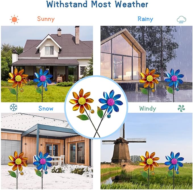 2Pack Garden Wind Spinners,Metal Wind Sculptures Outdoor Windmill Flower Pinwheel Decorations for Yard Lawn Patio Decor