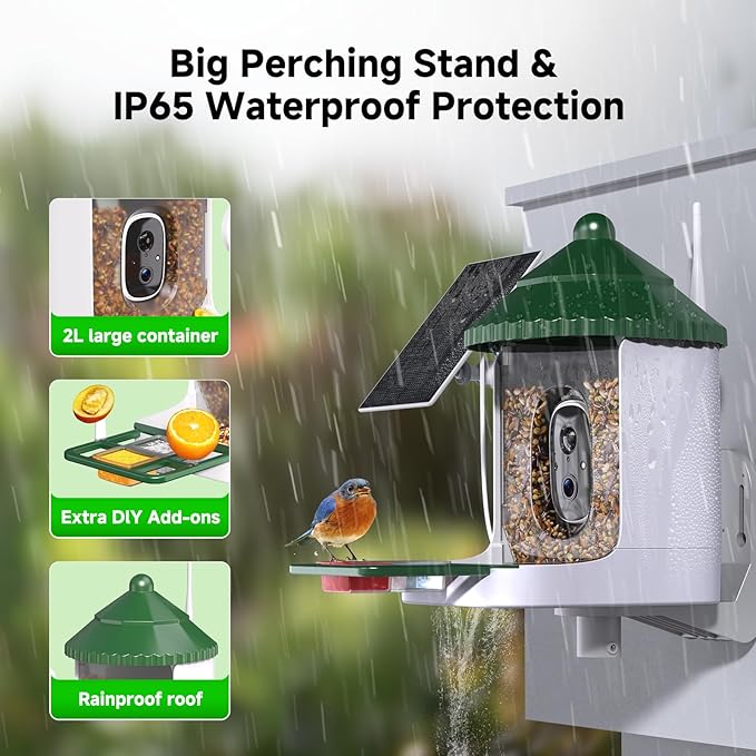 Loatos Bird Feeder with Camera AI Identify 2K Live Video Smart Bird Feeder with Camera, 2.4GHZ WiFi Solar Birds House Cameras, Motion Detection Instant Arrival Alerts, Ideal Present for Birds Lovers