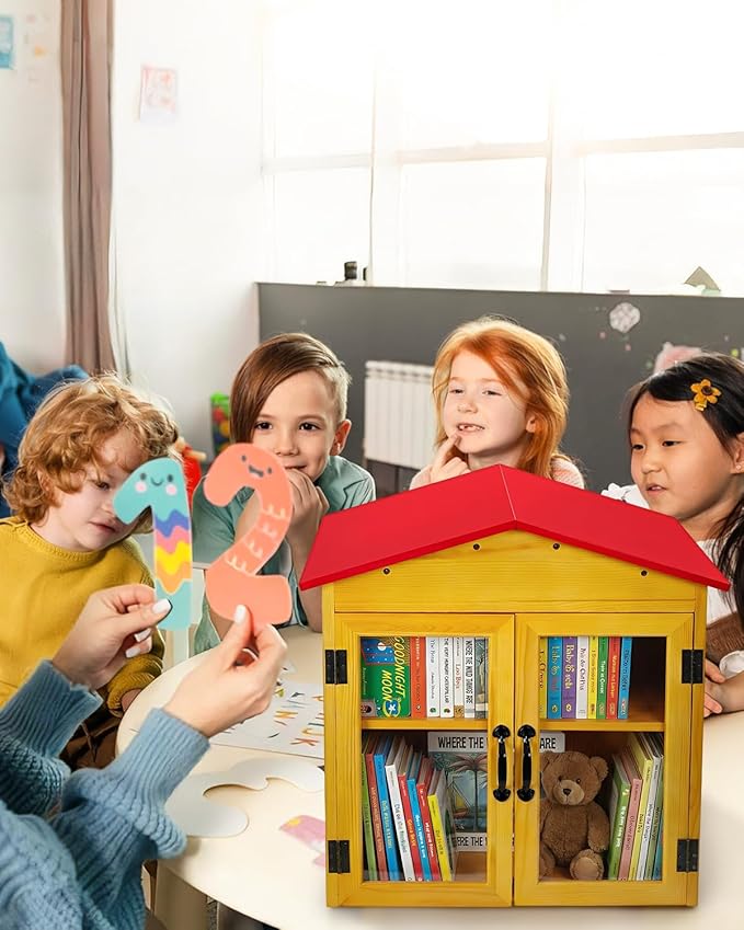 Outdoor Library Book Box Storage, Red Wooden Cabinet Little Literature Box for Neighborhoods Community and Schools Sharing Books, Newspapers, Flyers, Food and Art (Library Box-Red-2Tier)