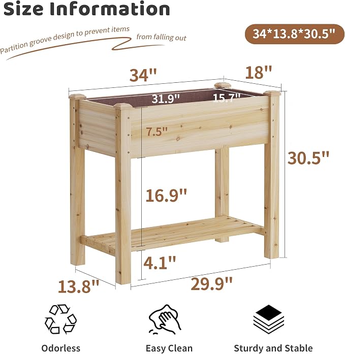 Raised Garden Bed with Legs Elevated Wooden Planter Box Stand Large Planter Stand Box for Fruits Vegetables Flowers with Divider with Bag - 34x18x30.5IN