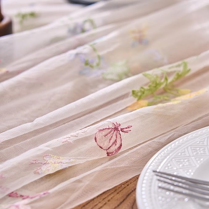 vctops 2 Packs Embroidery Lace Spring Table Runner 10ft Floral Garden Seasonal Tulle Table Runner Holiday Kitchen Dining Table Decoration for Wedding Party Baby Shower Birthday (Beige,30"x120")