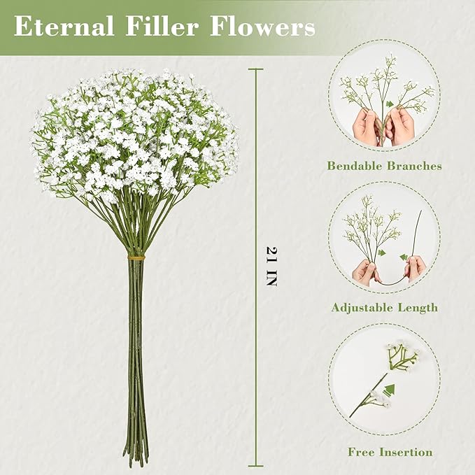 Yastouay Babys Breath Artificial Flowers, 16Pcs Fake White Babys Breath Flowers Artificial Bulk, Real Touch Faux Babies Breath Gypsophila Bouquet for Wedding Floral Arrangement Party Decor