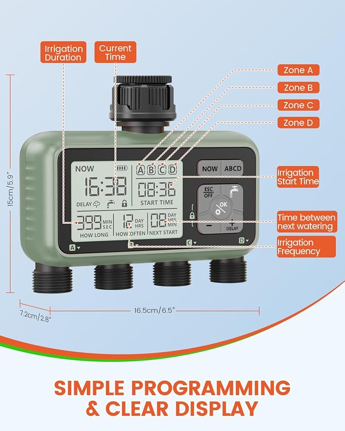 Sprinkler Timer 4 Zone Water Timer for Garden Hose Programmable Outdoor Hose Faucet Controller with Rain Delay Manual and Automatic Irrigation Controller System Low Battery Warning for Lawn Yard
