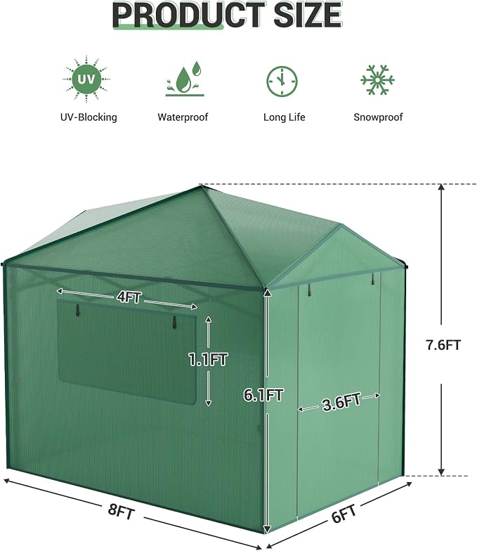 6x8 ft Portable Green House for Outdoor, Pop Up Grow Tent for All Seasons, Heavy-Duty PE Cover Greenhouses Kit for Indoor, Zippered Doors & Mesh Windows,