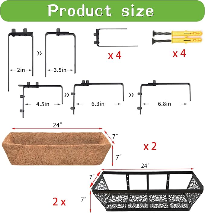 EIMQUVW 2 Pack 24" Railing Planter Window Box Deck Balcony Rail Planter Black Metal Flower Basket Horse Trough Planters with Coco Fiber Liner for Porch Fence Patio Outdoor