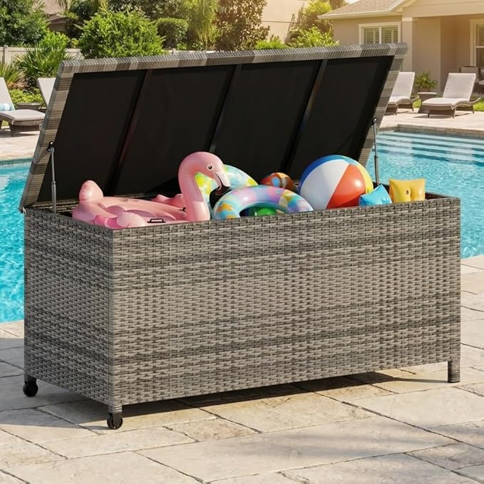 125 Gallon Outdoor Wicker Deck Box, All-Weather Waterproof Patio Storage with PE Rattan Finish & Steel Frame, for Cushions, Garden Tools, Pool Supplies, Lockable Gray Storage Box with Soft-Close Lid