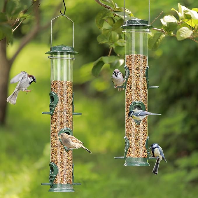 ERYTLLY Metal Bird Feeders 6 Port Tube Bird Feeder for Wild Birds, 1.4mm Extra Thick Solid Tube Transparent with Steel Hanger Bird Feeders 16.5 Inch for Outside