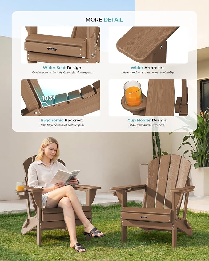 Ciokea Folding Adirondack Chair Wood Texture, Patio Adirondack Chair Weather Resistant, Plastic Fire Pit Chair with Cup Holder, Lawn Chair for Outdoor Porch Garden Backyard Deck (Teak)