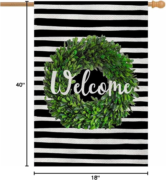 AOYEGO Boxwood Wreath Welcome House Flag 28 x 40 Inch Large Vertical Double Sided Black and White Stripes Background Seasonal Outside Décor for Garden Yard Farmhouse Flags