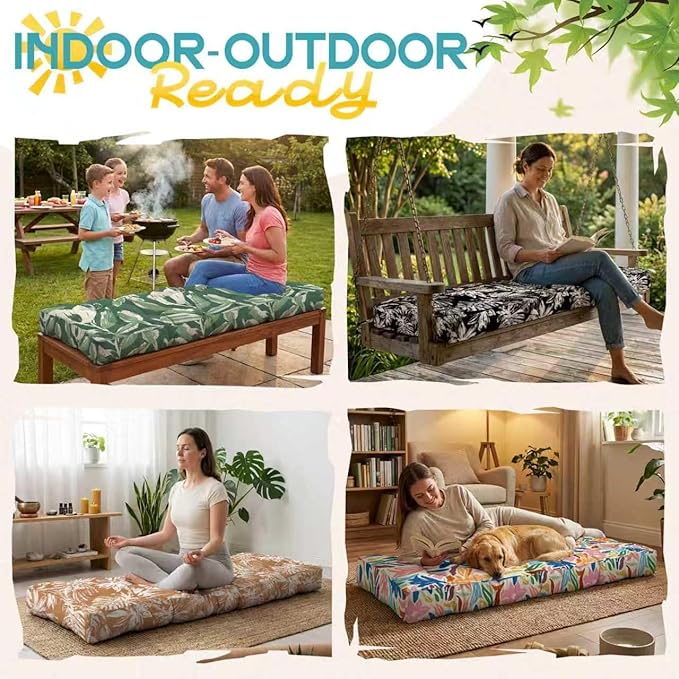 Outdoor Bench Cushion, Tufted Patio Seat Pad for Garden Bench, Porch Swing, Indoor/Outoor Furniture (Green Tulip, 48X18X4 inch)