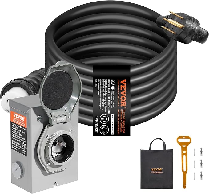 VEVOR 50 Amp Generator Cord and Power Inlet Box Kit, 25FT Generator Extension Cord NEMA 14-50P/SS2-50R STW 6/3+8/1 AWG with Twist Lock Connector, Pre-Drilled Inlet Box, ETL Listed