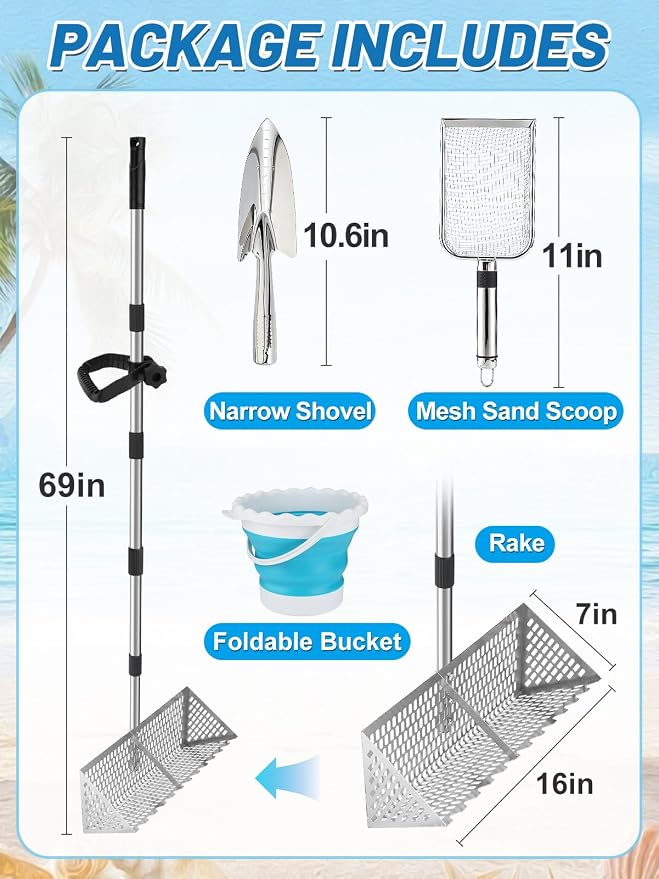 69in Effortless Sand Flea Rake Kit - Anti-Rust Stainless Steel Shark Tooth Sifter with The Narrow Shovel, Mesh Sand Scoop & Bucket, Sands Sifter Shelling Tools for Beach Metal Detecting Beachcombing