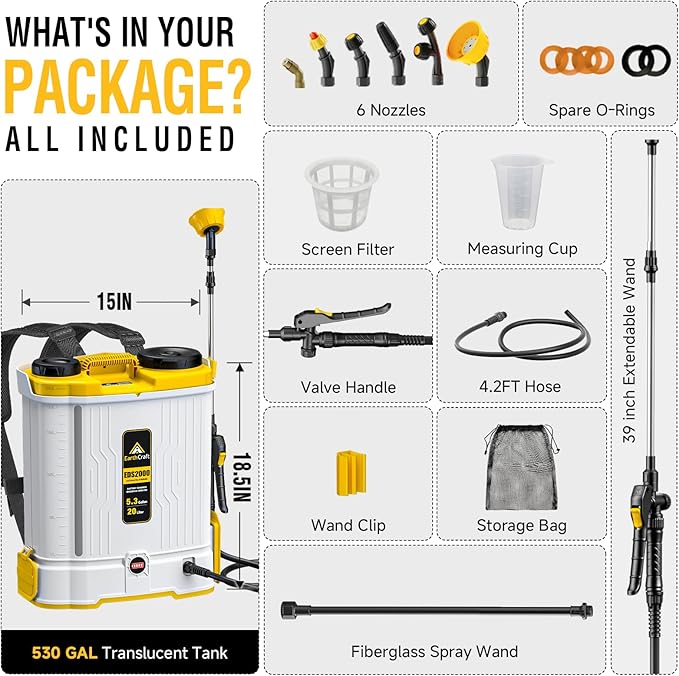 Battery Powered Backpack Sprayer 5.3Gal Compatible with DeWalt 20V Battery(NOT Included), Equipped with Mixing System, Backpack Garden Sprayer with 6 Spray Nozzles for Lawn, Garden, Yard