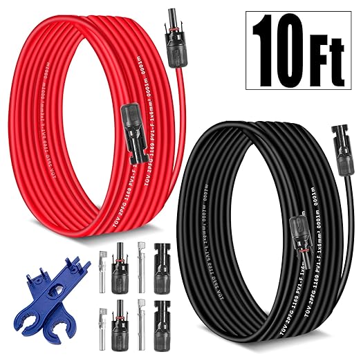10Feet Solar Extension Cable 10Ft 10AWG (6mm²) Red & Black PV Wire Male Female Connector Adapter Gauge Wire for PV System,Roof Kits,Marine,RV,DC Solar Power Cable (10Ft 10Awg)