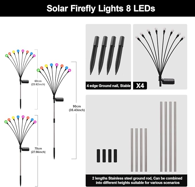 Solar Firefly Lights Multicolor, 4 Pack 800mAh Swaying Firefly Garden Lights Solar Powered Outdoor Waterproof Color Changing for Outside Yard Patio Lawn Pathway Walkway Stake Christmas Decor