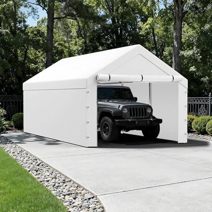 Carport Replacement Tarp Canopy, Sidewall Panel with Elastic Ball Bungees, for 10x20 FT or 12x20 FT Garage Party Tent Shelter - White, One Sidewall Panel Only