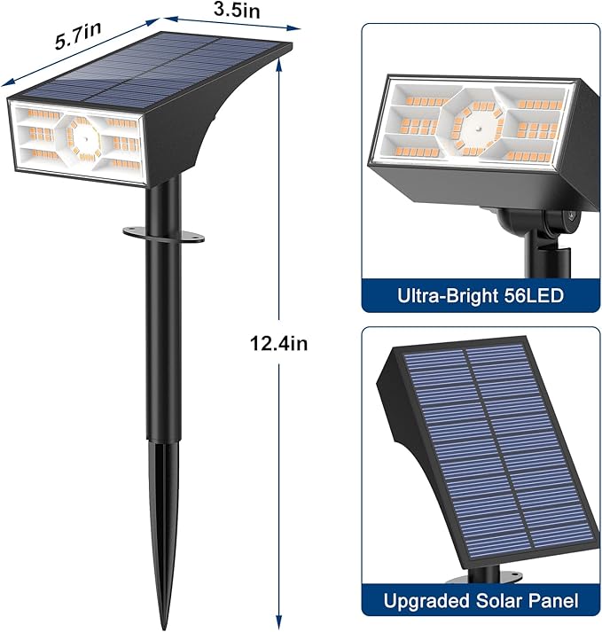 Solar Spot Lights Outdoor, 6 Pack/56 LED Outdoor Lights for Yard Waterproof IP68, 4 Lighting Modes Solar Landscape Spotlights, Auto On/Off Solar Powered Flood Lights Garden Pathway,Warm White