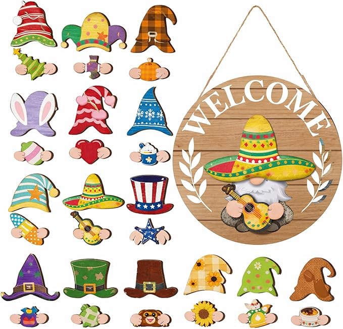 Qunclay Interchangeable Wooden Gnome Decor Holiday Seasonal Gnome Decorations with Magnet Pieces and Detachable Hats Changeable Welcome Sign for Home (Natural Wood)