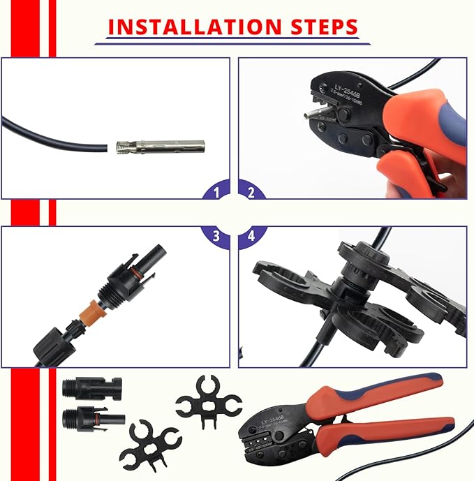 Solar PV Panel Crimping Tool Kit, with 6 Pairs Solar Connectors, Iron Wire Cable Cutter, Solar Spanner Wrenches, Solar Connector Crimper, Works for AWG10-14,2.5/4/6mm²