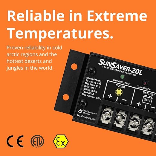 Morningstar SunSaver 6A PWM Solar Charge Controller (SS-6L-12V) - Solar Panel Regulator for 12V Batteries, Four Stage Battery Charging, LVD, HazLoc Rated, Low Noise, 5 Year WTY - Designed in The USA