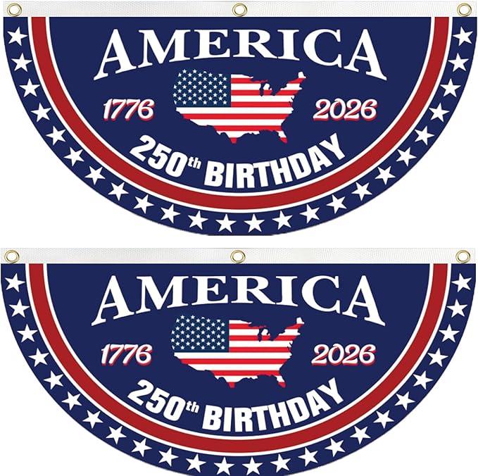 WENWELL 250 Year Anniversary Patriotic Fan Bunting Banner 1776–2026, USA Map Flag Design with Stars, 3x6 FT Large Outdoor Decoration, Brass Grommets, 2 Pack