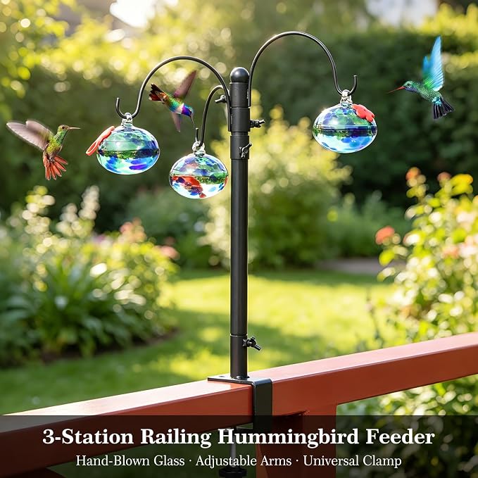 Headak life 15 inch Hummingbird Feeder Deck Hook for Railing, Hand Blown Glass Hummingbird Feeders for outdoors with Clamp-On Stand, Adjustable Outdoor Bird Feeder Pole for Deck,Garden Gifts for Women