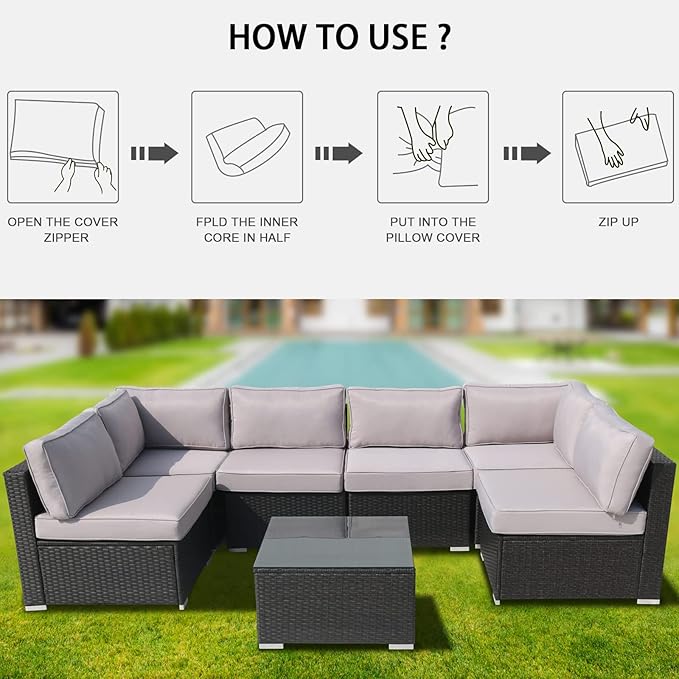 14Pcs Patio Cushion Covers Replacement Splashproof UV-Resistant Inelastic Covers with Zippers, Max Compatible 25.6x25.6x4inch Patio Cushion, for 7 Pcs Outdoor Patio Furniture Sets