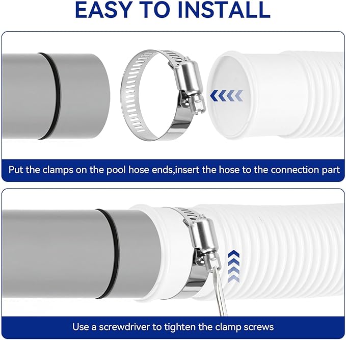 Pool Hoses for Above Ground Pools 1.5" Diameter x 59" Long, 2 Pack 1.5 Inch Above Ground Pool Hose Replacement Compatible with Intex Coleman Surface Skimmer, Filter Pump Hose, with 4 Metal Clamps