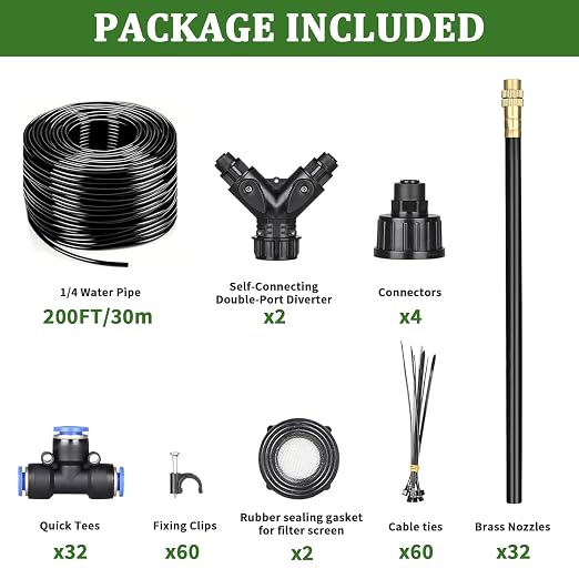 200Ft 1/4” Drip Irrigation System – Drip Irrigation Kit & Garden Watering System with 32 Pcs 360° Adjustable Copper Nozzles, Automatic Mist Spray for Raised Bed, Lawn, Garden & Potted Plants
