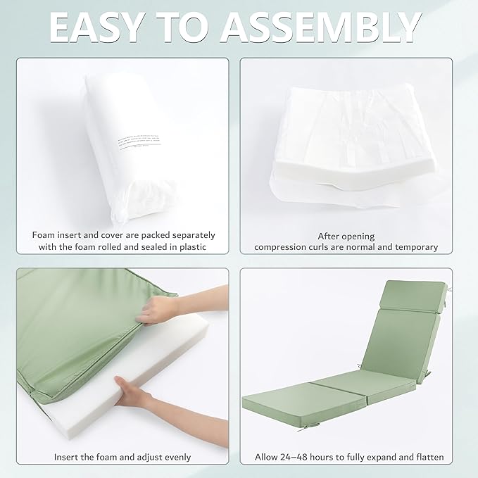 72 x 21 Inch Outdoor Chaise Lounge Cushions Set of 4 - Removable Cover, 4-Section Design, Water-Repellent & Fade-Resistant, 6 Tie Straps, Replacement for Patio & Pool Chairs - Sage Green