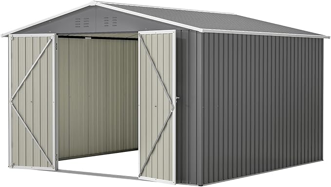 YOPTO 10×10 FT Outdoor Storage Shed,Metal Aluminum Waterproof Tool Sheds with Doors and Vents,Heavy-Duty Sheds Unit W/Lock and Key,for Storing Bicycles,Lawnmowers,Barbeques,Gray