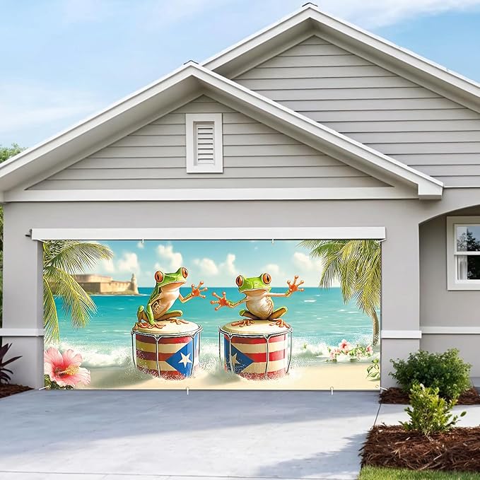 6 * 13FT Summer Puerto Rico Garage Door Cover Decorations Sunset Palm Trees Garage Door Banner for Outdoor Indoor Summer Party Photography Backdrop