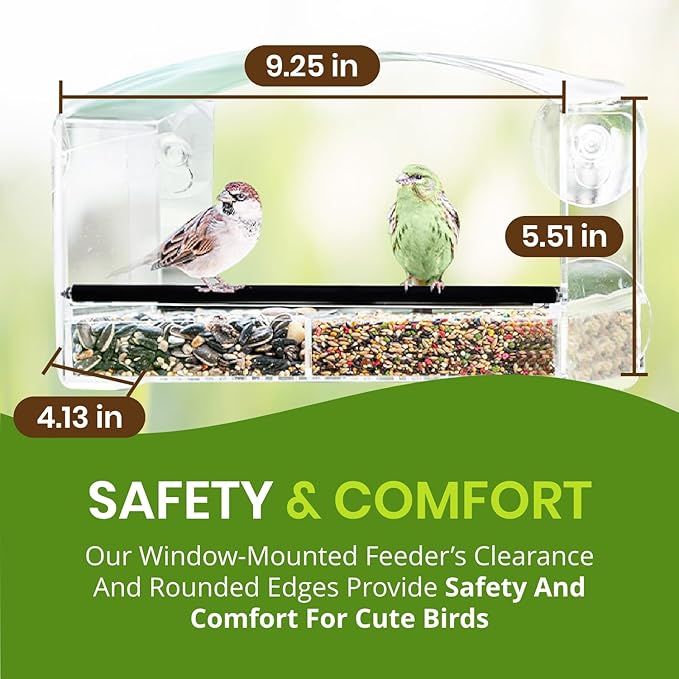 Nature Gear Acrylic Clear Window Bird Feeder with Strong Suction Cups, Removable Sliding Seed Tray, Weather-Resistant & Easy to Clean for Window Viewing, Earth-Friendly Dome