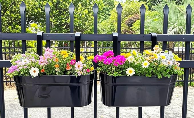 Hanging Planters for Outdoor Plants, 17" Railing Planter Pots, Metal Fence Flower Pot for Porch Balcony with Detachable Hookt (Black, Pack of 8)