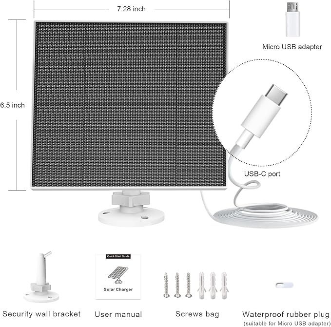EverExceed 5W Solar Panel Compatible with Wyze Battery Cam Pro, Cam Outdoor V1, Cam Outdoor V2, Solar Panel for Wyze Camera with USB-C Port, Micro USB Adapter, Adjustable Wall Mount, IP65 Waterproof