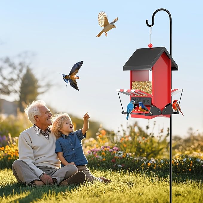 Squirrel Proof Bird Feeders,ScinDa Bird Feeders for Outdoors Hanging with Bilateral Weight-Activated Perches for Attracting Finch, Cardinal,Bluebird(Red)