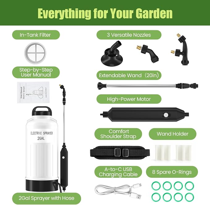 Battery Powered Sprayer 2 Gallon, Wide Mouth Electric Pump Sprayer with Upgraded Elevated Base and Thickened Anti-Abrasion Tank, Kink Proof Hose, Retractable Wand, 3 Nozzles Lawn and Garden