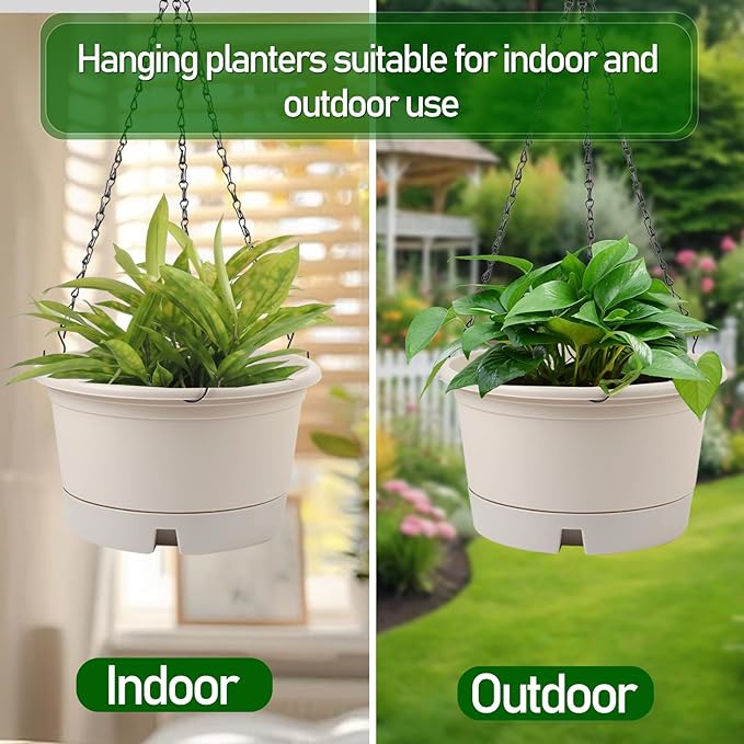 10 Inch Hanging Planters for Indoor Plants, 4 Pack Plastic Hanging Baskets with Removable Trays & 15.7" Chain, Outdoor Hanging Plant Pot for Home Garden Porch Balcony Patio Decor (Beige)