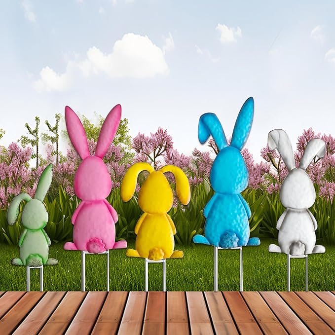 5 Pack Multicolored Easter Bunny Signs with Stakes, Metal Standing Rabbit Yard Signs for Garden Decor, Cute Bunny Tail Ornaments for Home Front Door Lawn Decorations