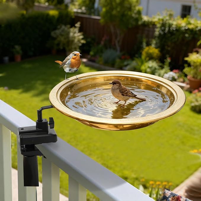 12" Heated Bird Bath 50W Heater Railing/Fence Mount Golden Metal Bird Water Feeder for Deck/Balcony/Porch