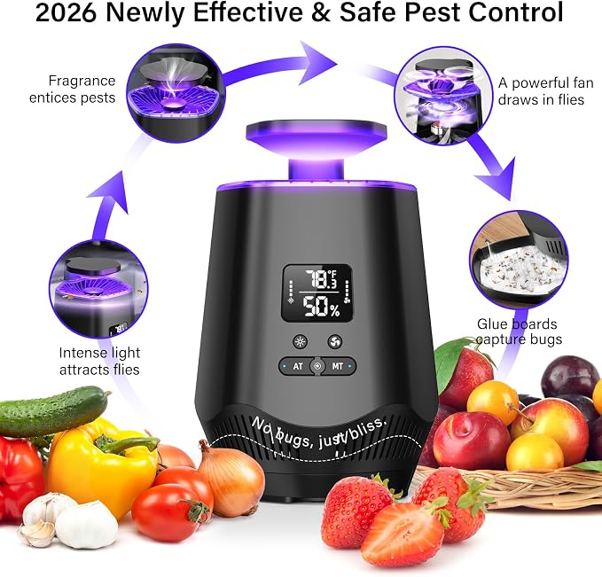 Fruit Fly Traps for Indoors, Smart Fly Trap Indoor Bug Zapper Gnat Traps for House Indoor with Temperature and Humidity Sensor, 10PCS Sticky Boards Black 0