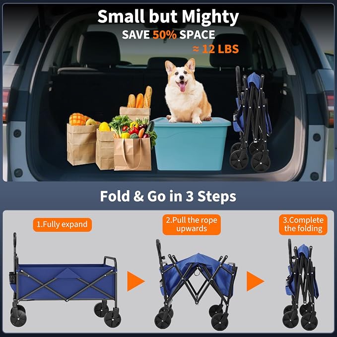Garvee Wagons Carts Foldable, Garvee Utility Collapsible Wagon with All-Terrain Wheels, Drink Holders & Adjustable Handle, 220 LBS Portable Grocery Wagon for Shopping, Camping, Garden -Blue