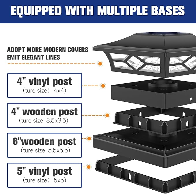 VOLISUN Solar Post Cap Lights: 12 - Pack Outdoor Deck Post Cap Lights Black for Dock Fence Waterproof 2 Color Modes,4x4/6x6 Wooden/Vinyl Posts