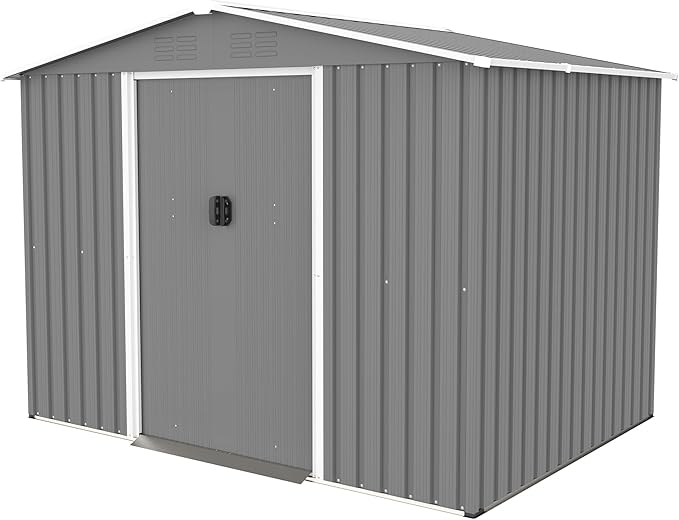 YOPTO 8X6 FT Outdoor Storage Shed with Roof,Waterproof House Tool Cabinet W/Metal Foundation & Lockable Doors,for Shovels,Umbrellas,Antennas,Escalators,Gray