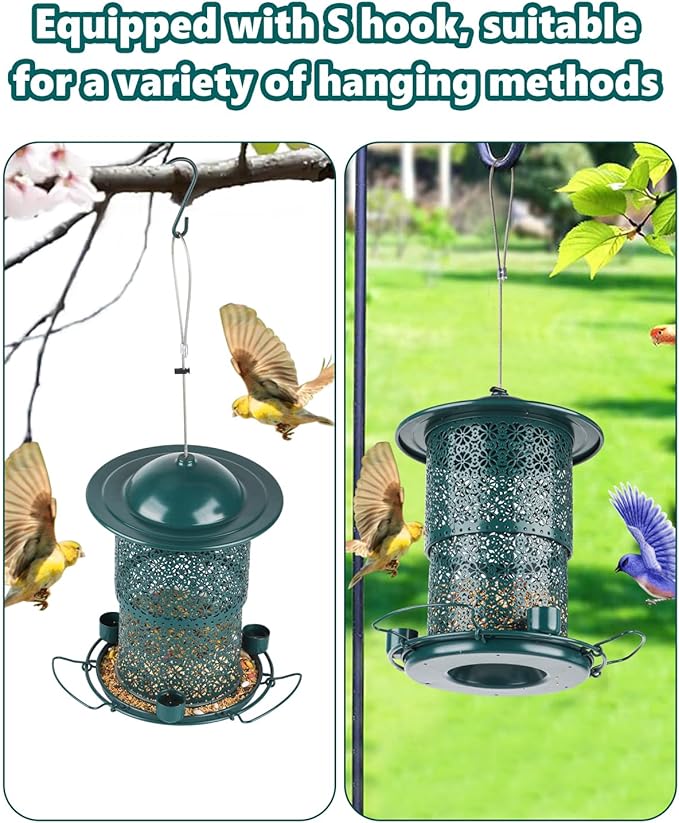 Metal Bird Feeders for Outdoors Hanging, Weather Resistant Wild Bird Feeder with 360 Degree Feeding Tray, Green (Vintage Green)