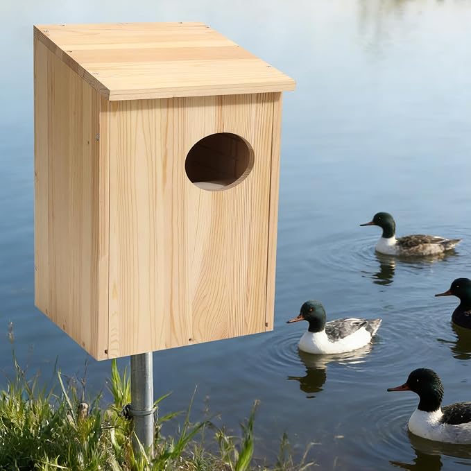 Pine Wood Duck House for Ducks and Hooded Mergansers Breeding Nesting Wooden Box Resident Habitant Shelter