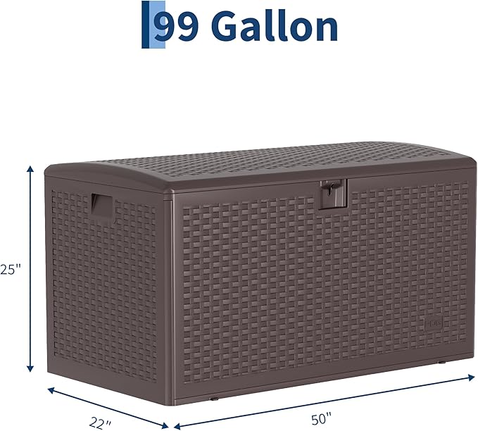 CABIHOME Outdoor Storage Box 99 Gallon Waterproof Large Resin Deck Box Indoor Outdoor Lockable Storage Container for Patio Furniture Cushions Garden Tools, Pool Garden, 99 Gallon, Brown