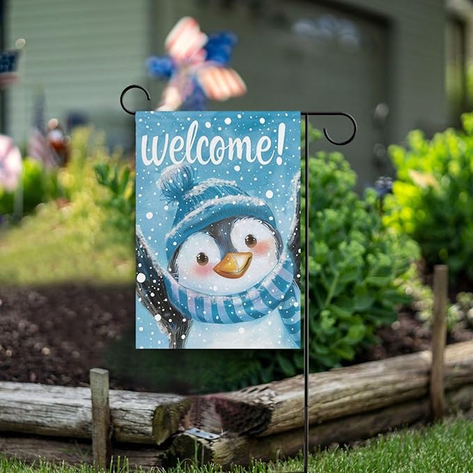 Pfrewn Christmas Winter Garden Flag 12x18 Double Sided Penguin in Blue Hat Snowy House Yard Flags Welcome Winter Outdoor Indoor Banner for Party Home Merry Christmas Xmas Decorations
