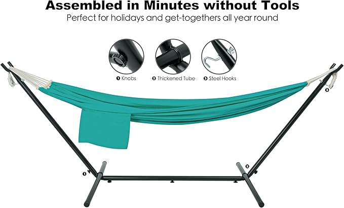 Gafete Double Hammock with Stand for Outside, Upgraded Spreader Bar, Heavy Duty Space Saving Steel Stand 2 Person, Side Pockets, Easy Assembly, 600lbs Weight Capacity, Indoor & Outdoor (Aqua Blue)