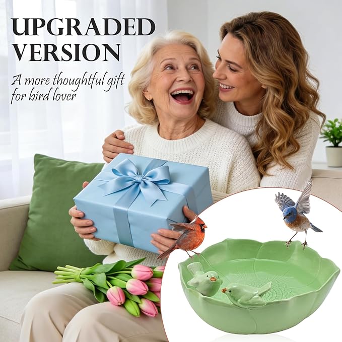 Ceramic Bird Bath for Outdoors, 10.1” Hand-Painted Glazed Ceramic Bird Baths Bowls and Feeders for Outside, UV/Frost-Resistant Finish Ground Garden Table Top Bird Baths Decor for Patio Yard Home Green